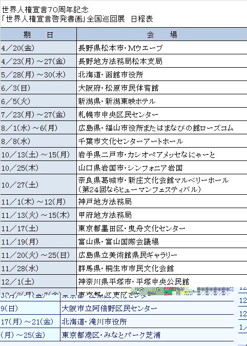 世界人権宣言70周年記念「世界人権宣言啓発書画」全国巡回展日程表